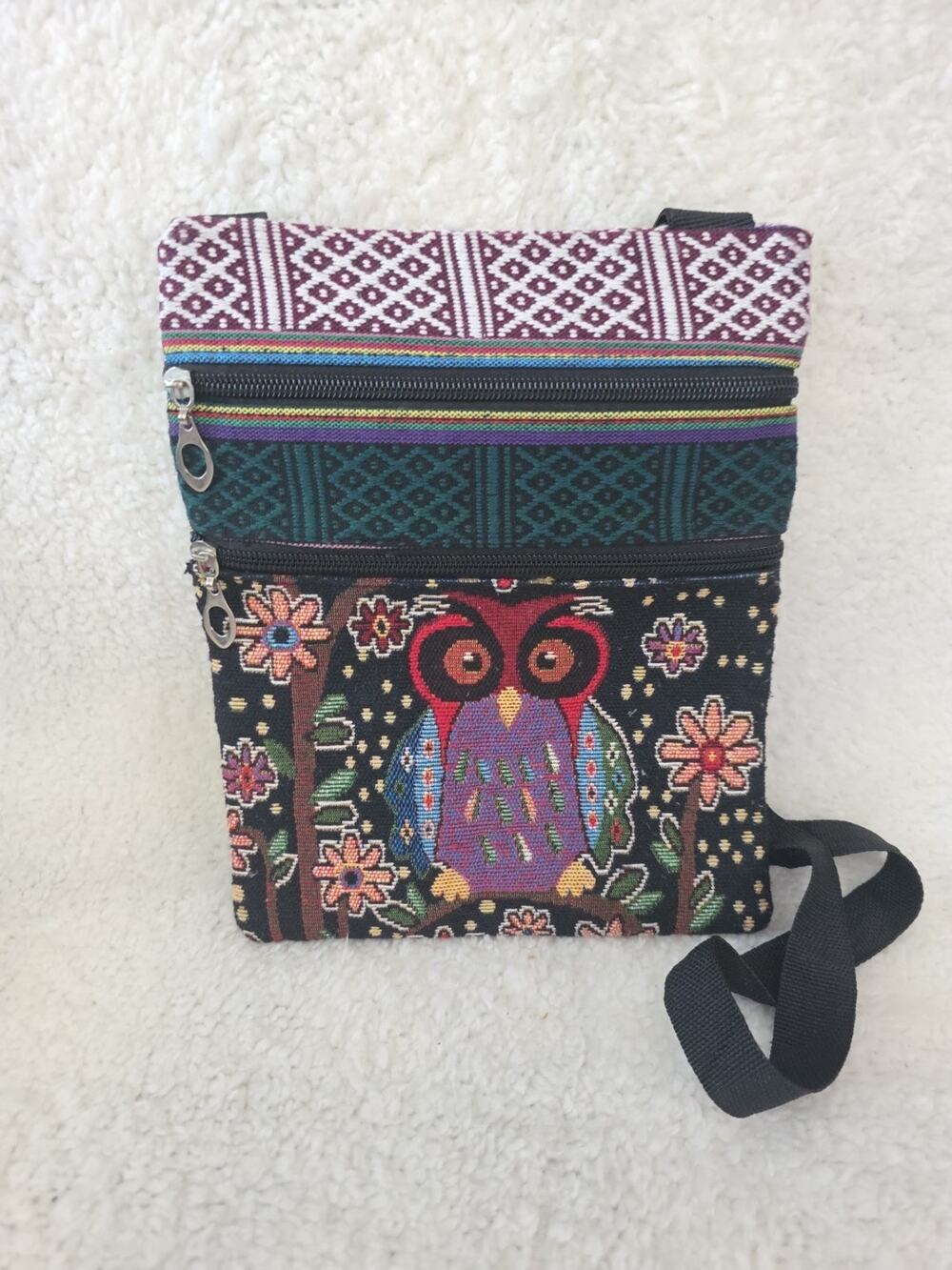 Embroidered Owl Bag Colorful Floral Purse Crossbody Shoulder Zipper Pockets